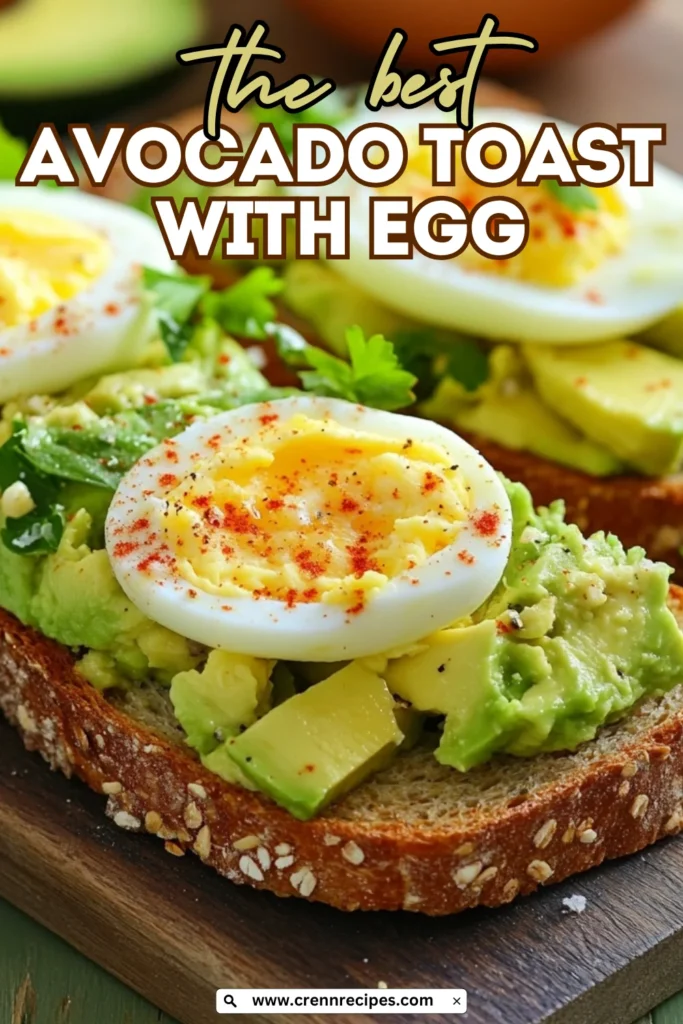 Promotional image of avocado toast with hard-boiled egg featuring text overlay "the best AVOCADO TOAST WITH EGG" and the website URL.