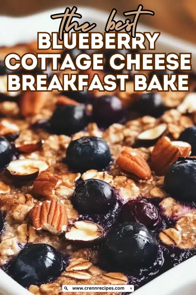 Pinterest-style image of blueberry cottage cheese breakfast bake with bold text overlay and website URL
