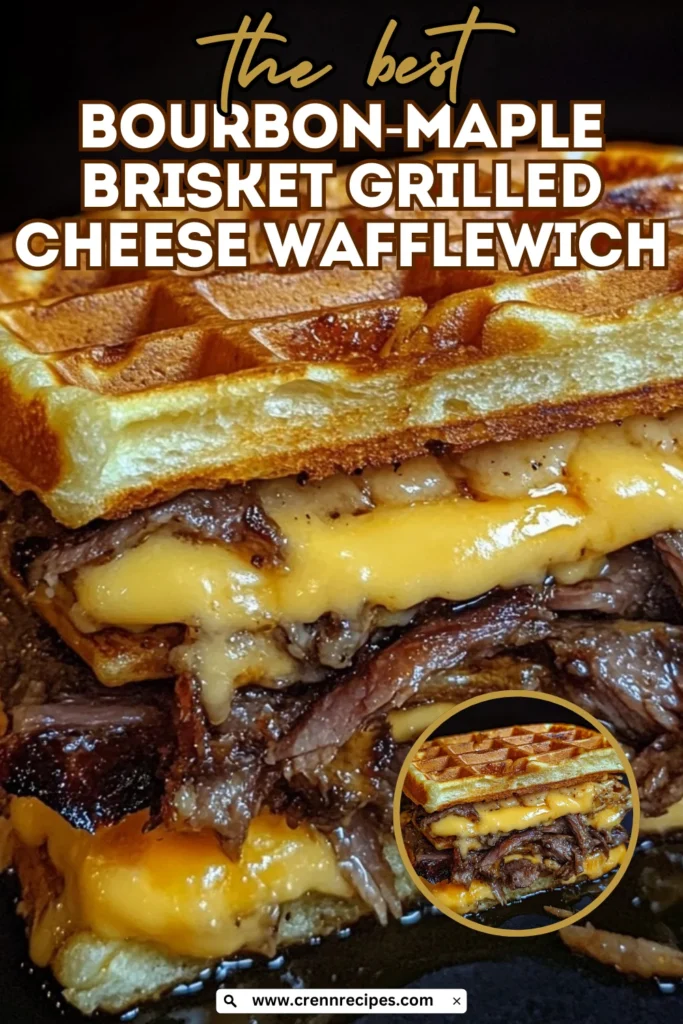 Pinterest-style graphic of Bourbon-Maple Brisket Grilled Cheese Wafflewich recipe with text overlay and appetizing food photography
