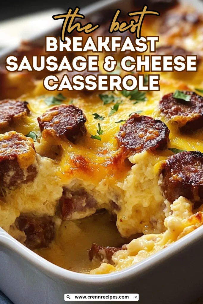 Pinterest-style promotional image of breakfast sausage and cheese casserole with text overlay reading "The Best Breakfast Sausage & Cheese Casserole" and website URL.
