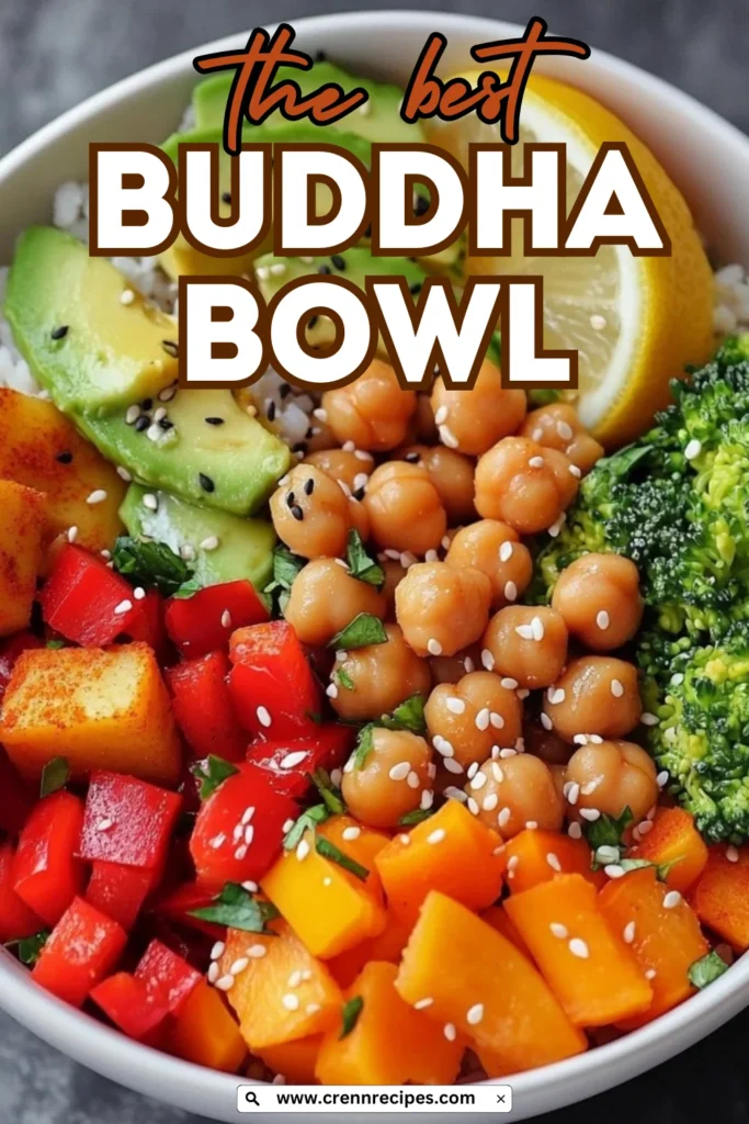 Close-up of a Buddha bowl with text overlay reading "the best BUDDHA BOWL" featuring colorful vegetables, chickpeas, and garnishes.