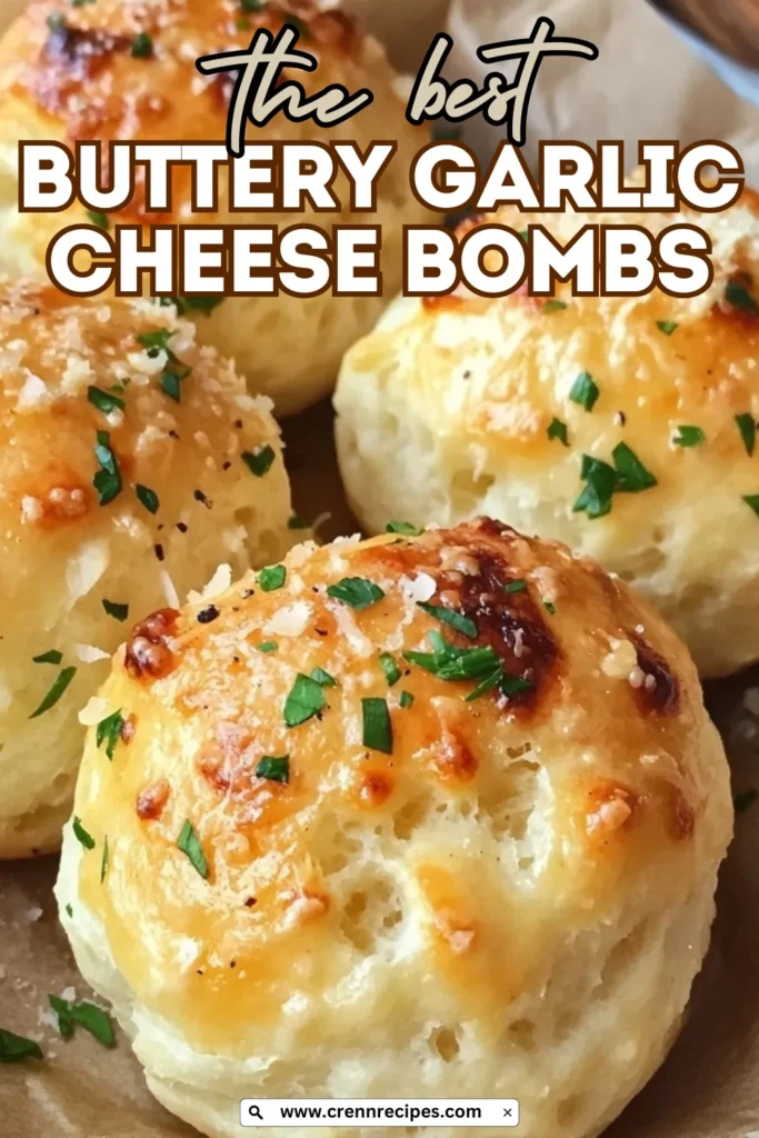 Hero image of buttery garlic cheese bombs with text overlay reading "the best BUTTERY GARLIC CHEESE BOMBS" and website URL
