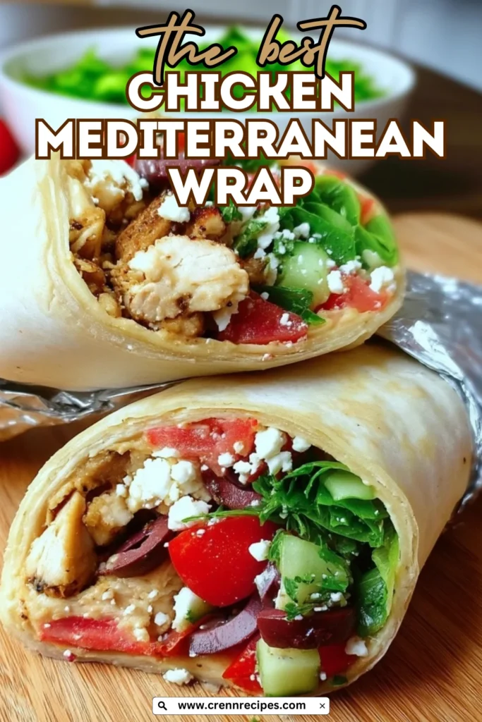 Promotional image of Chicken Mediterranean wrap with recipe title overlay text showing the best Mediterranean wrap recipe