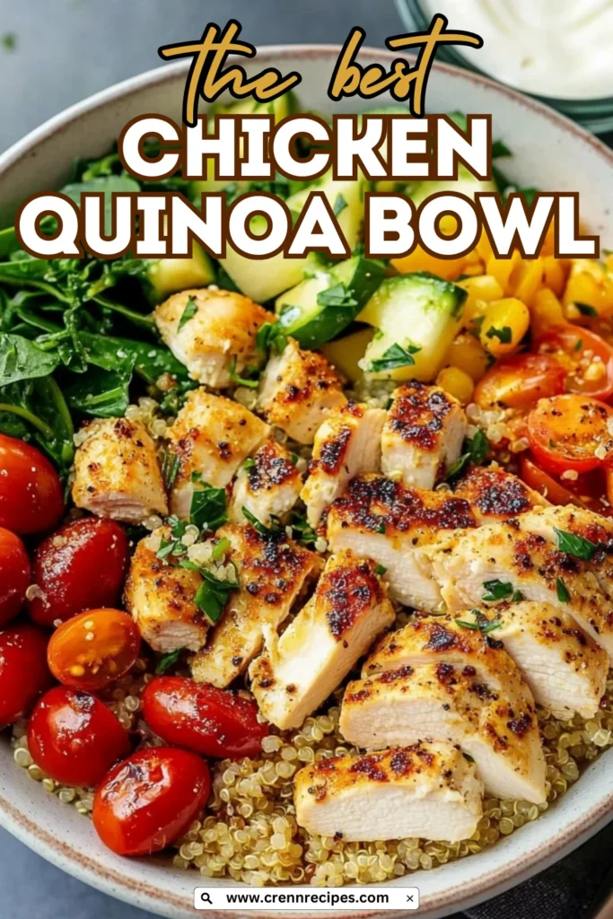 Marketing image of chicken quinoa bowl with "The Best Chicken Quinoa Bowl" text overlay and website branding