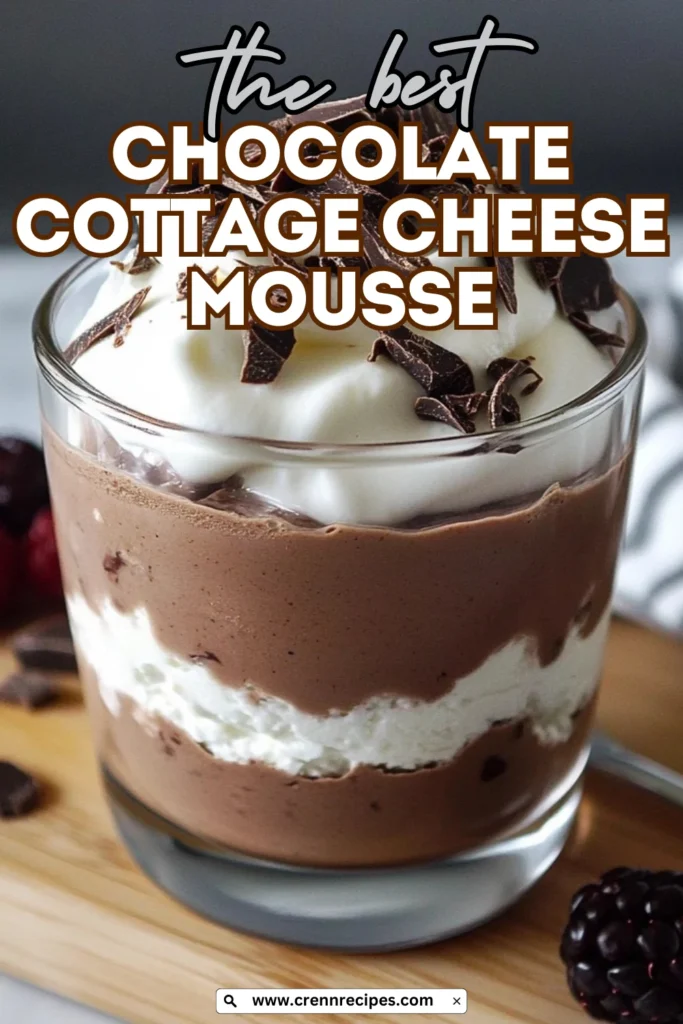 Pinterest-style promotional image of chocolate cottage cheese mousse in a glass with "the best CHOCOLATE COTTAGE CHEESE MOUSSE" text overlay and website URL.