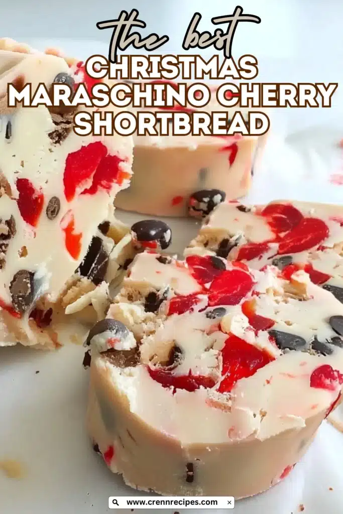 Christmas maraschino cherry shortbread promotional image with title overlay text on white background