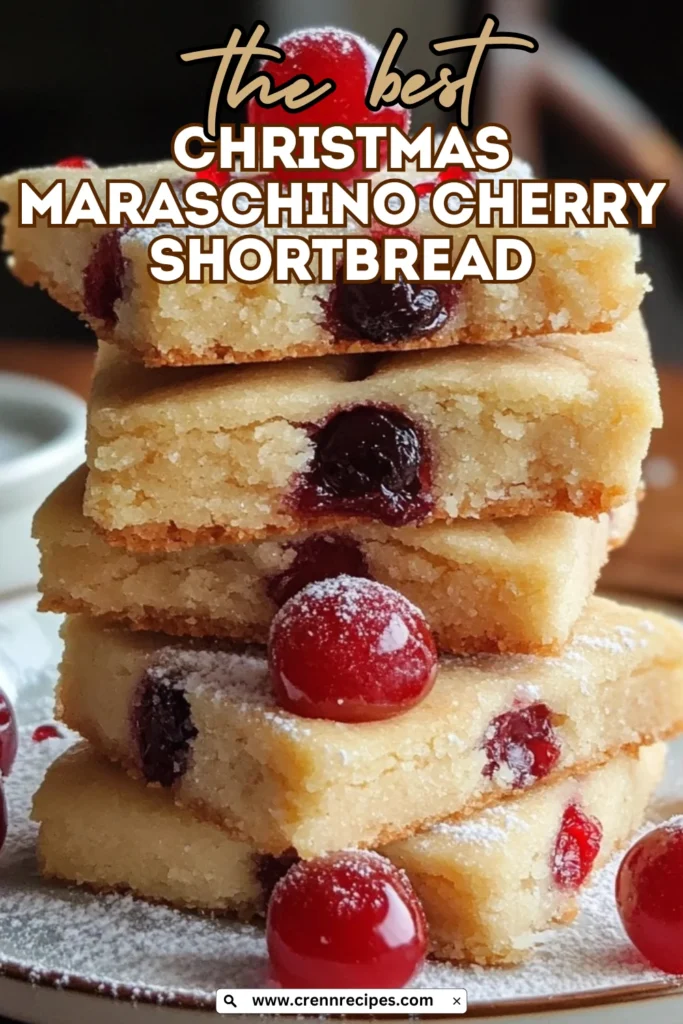 Promotional image showing stacked cherry shortbread bars with text overlay reading "the best CHRISTMAS MARASCHINO CHERRY SHORTBREAD" and website URL.