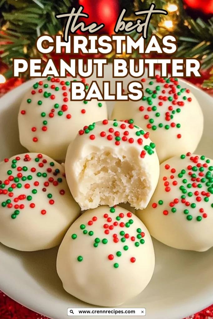 Graphic reading “The Best Christmas Peanut Butter Balls” over an image of white chocolate peanut butter balls with red and green sprinkles