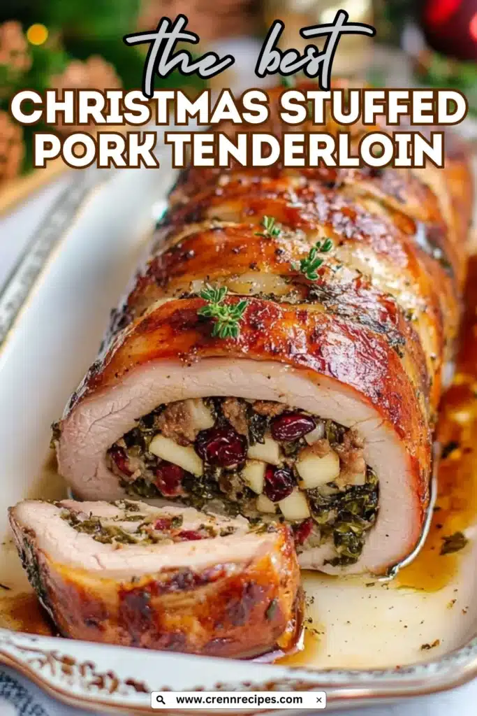 Promotional image of Christmas stuffed pork tenderloin with text overlay reading "the best Christmas Stuffed Pork Tenderloin"
