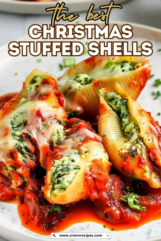 Pinterest-style image of Christmas stuffed shells with recipe title overlay text