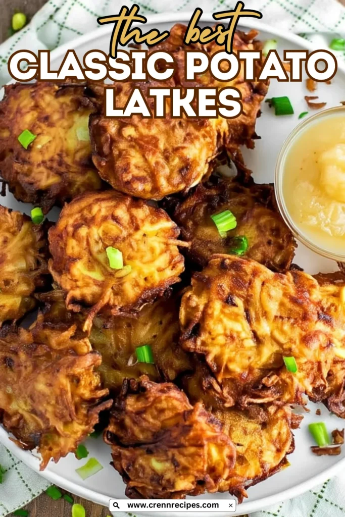 Classic potato latkes recipe featured image with text overlay showing crispy golden potato pancakes