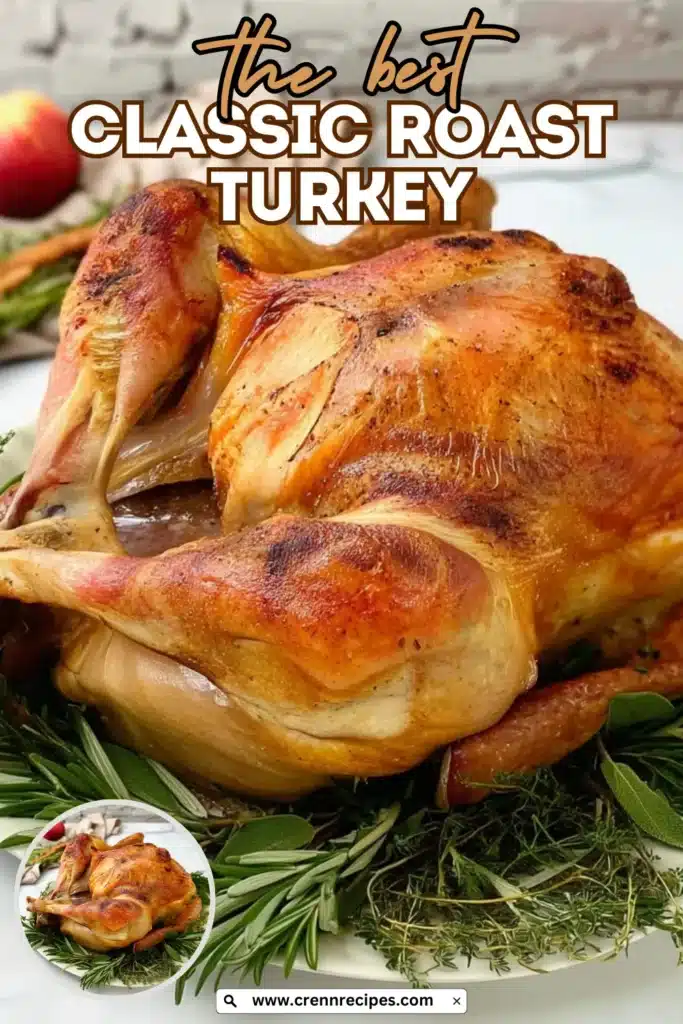 Pinterest-style graphic featuring classic roast turkey recipe with bold text overlay reading "the best classic roast turkey"