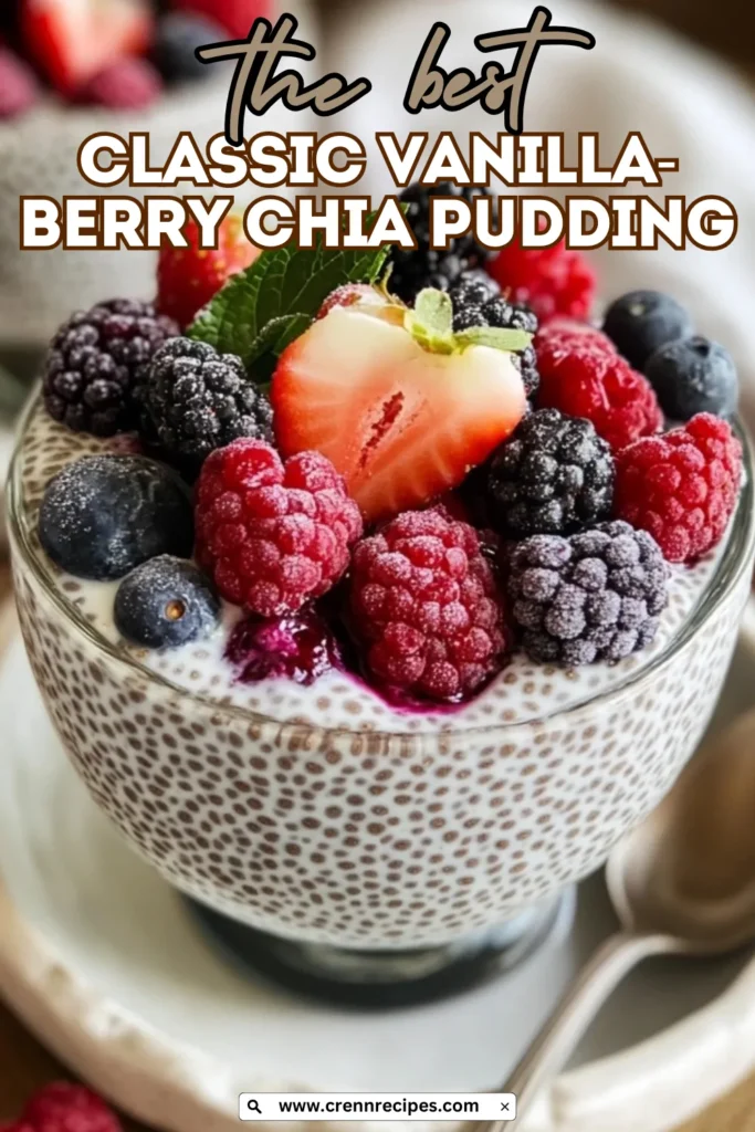Classic vanilla-berry chia pudding topped with mixed berries and mint leaf with "the best Classic Vanilla-Berry Chia Pudding" text overlay