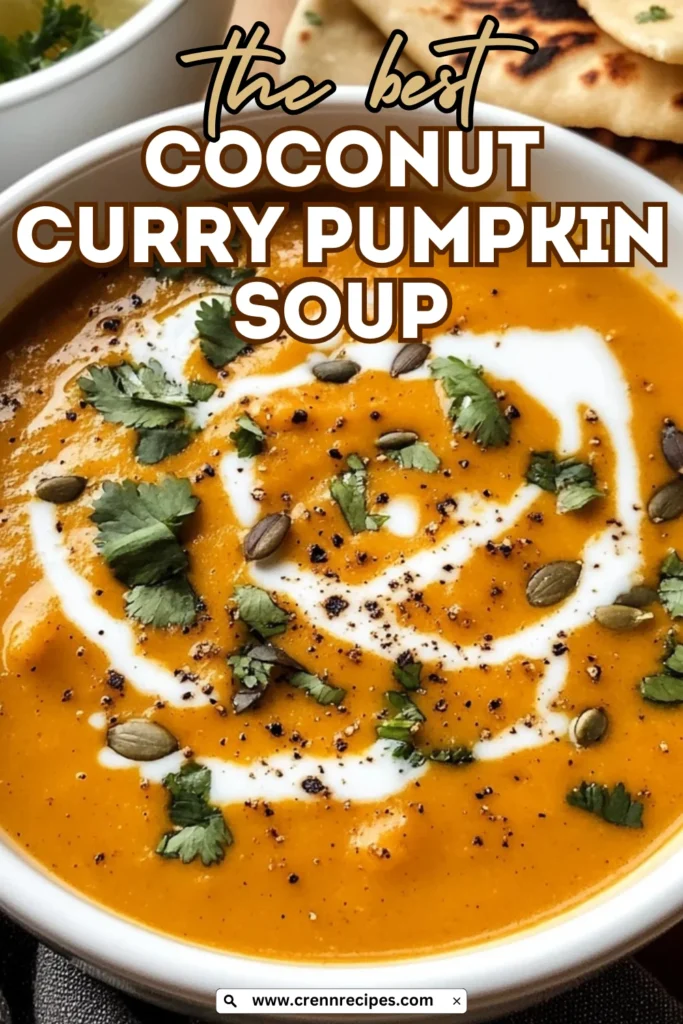 Marketing image of coconut curry pumpkin soup with text overlay reading "the best COCONUT CURRY PUMPKIN SOUP," featuring garnished soup with naan bread.
