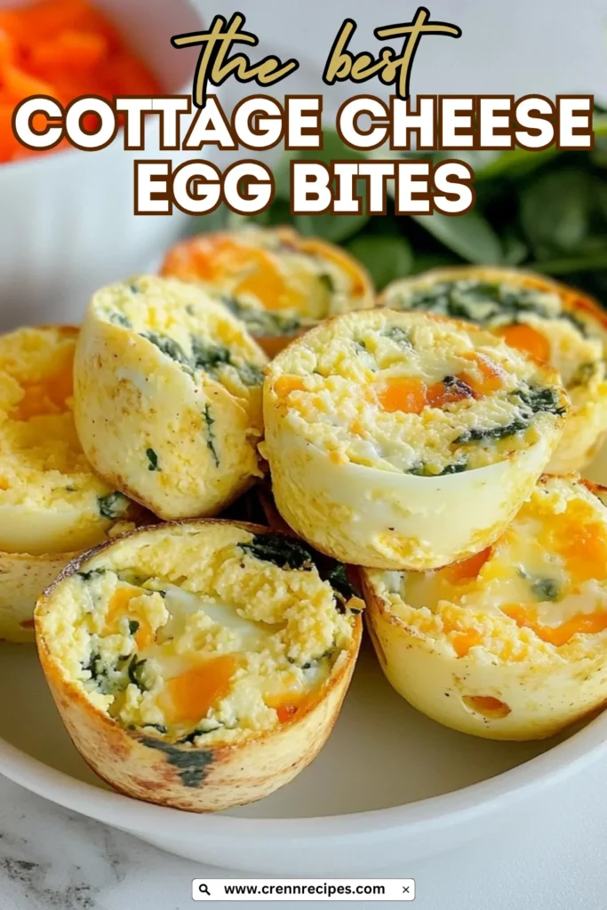 Pinterest-style graphic featuring cottage cheese egg bites with recipe title overlay and website branding