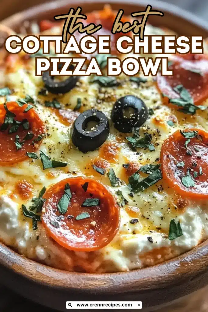 Marketing image for "the best Cottage Cheese Pizza Bowl" recipe showing a close-up of the dish with text overlay and website URL.