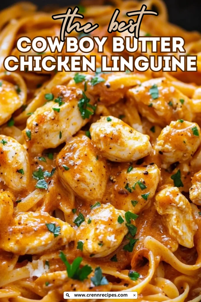 Close-up of Cowboy Butter Chicken Linguine with text overlay reading "the best COWBOY BUTTER CHICKEN LINGUINE" and website URL.