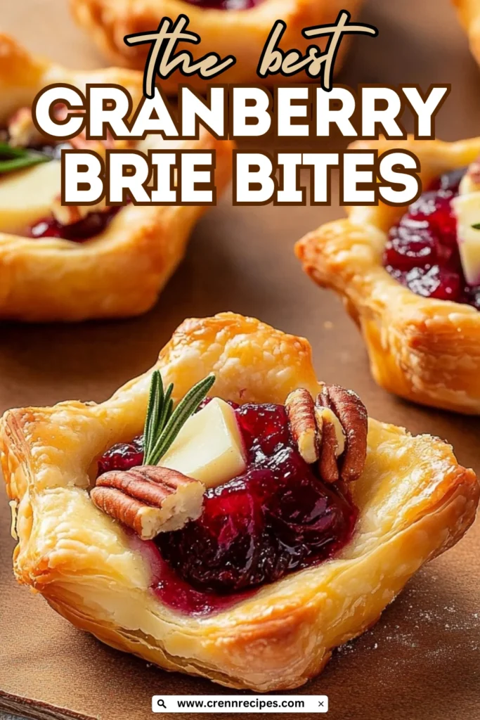 Promotional image for Cranberry Brie Bites recipe featuring close-up of pastry cups filled with brie, cranberry sauce and pecans with text overlay.