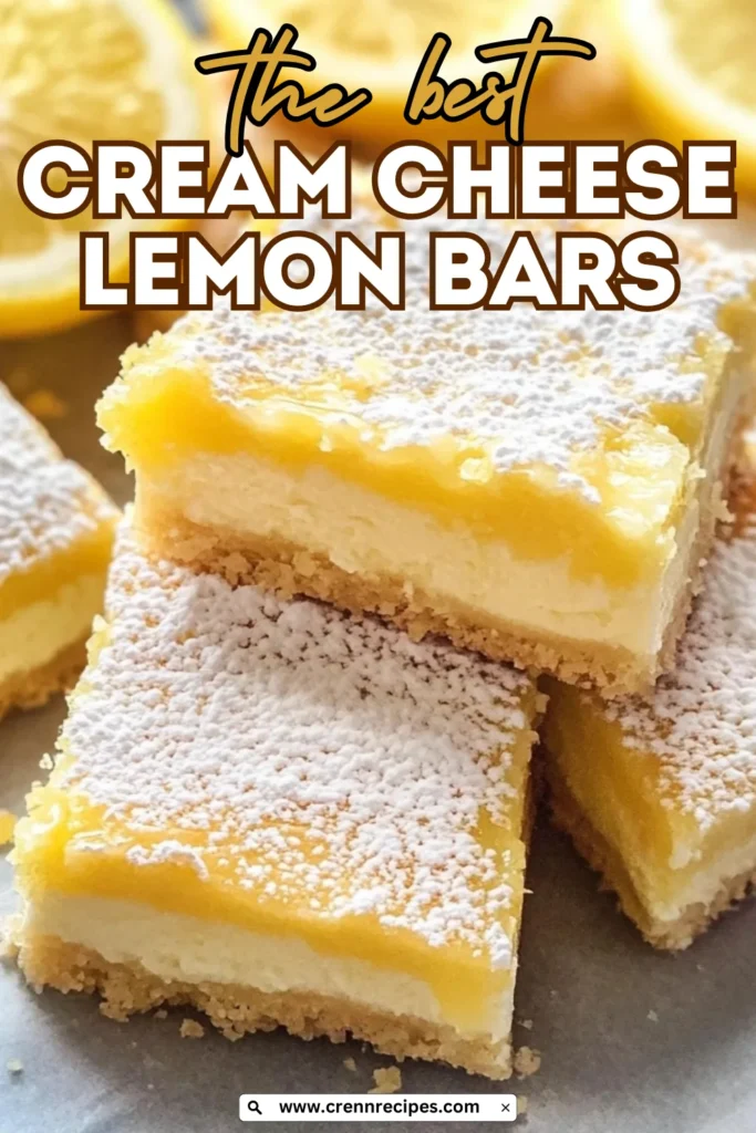 Featured recipe image for "The Best Cream Cheese Lemon Bars" with stacked bars showing cross-section of crust and filling, includes website branding