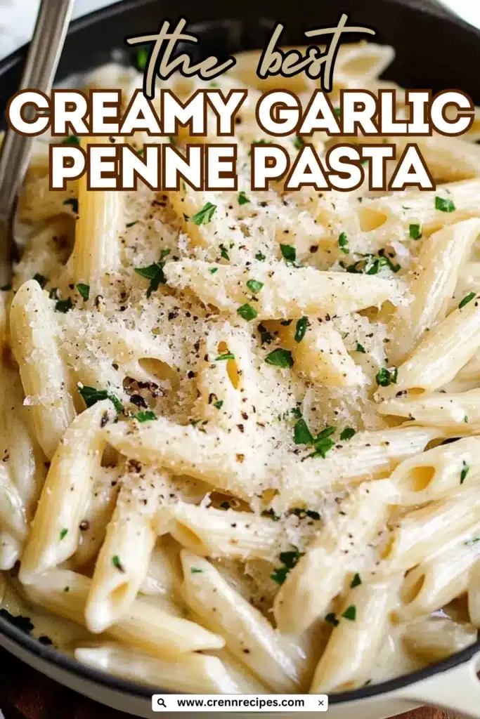 Pinterest-style graphic of the best creamy garlic penne pasta with text overlay and website attribution