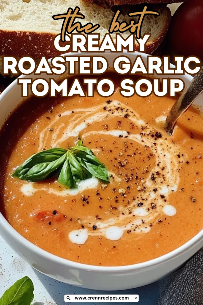 Close-up of creamy orange tomato soup in white bowl with basil garnish and cream swirl, with "the best Creamy Roasted Garlic Tomato Soup" text overlay.