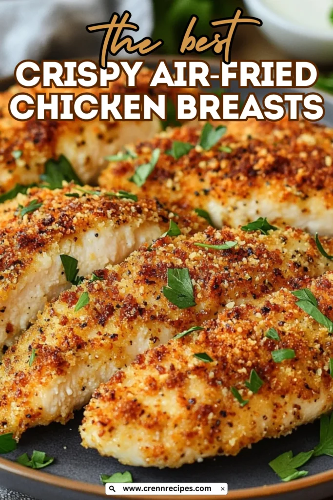 Close-up of sliced crispy air-fried chicken breast showing juicy interior and golden crust, with text overlay reading 'the best CRISPY AIR-FRIED CHICKEN BREASTS' and website branding.