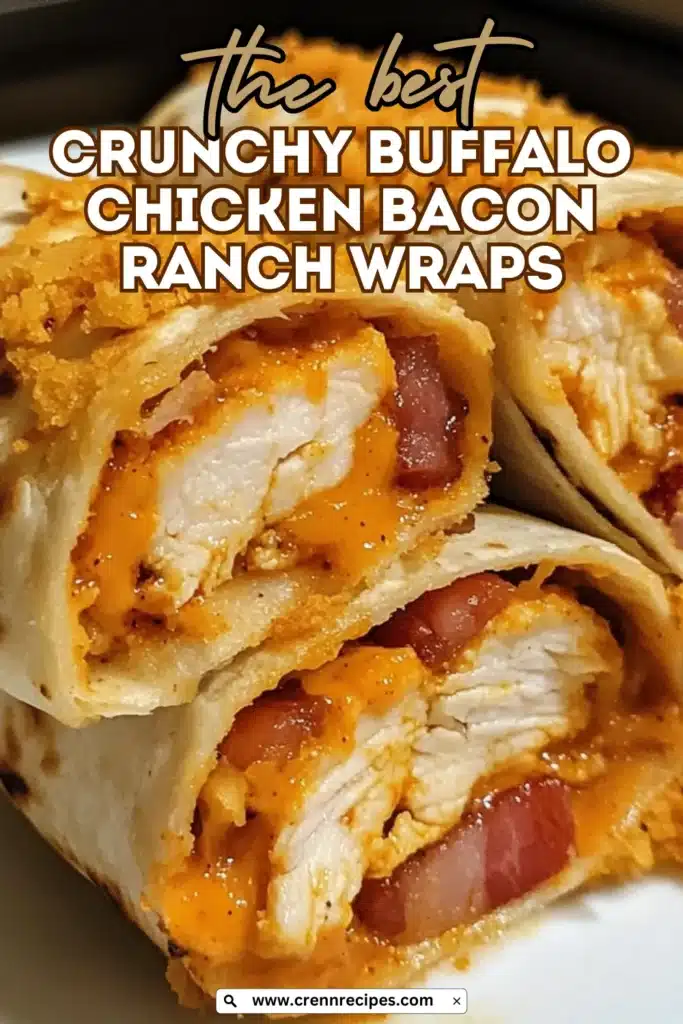 Promotional image of Crunchy Buffalo Chicken Bacon Ranch Wraps with text overlay and website URL, showing the wrapped tortilla filled with breaded chicken, bacon, and cheese.