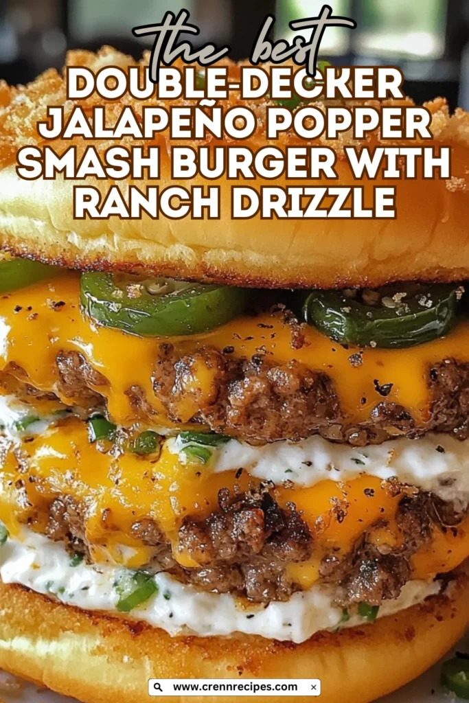Featured recipe image of double-decker jalapeño popper smash burger with website branding, showcasing the cross-section view of layered ingredients and melted cheese