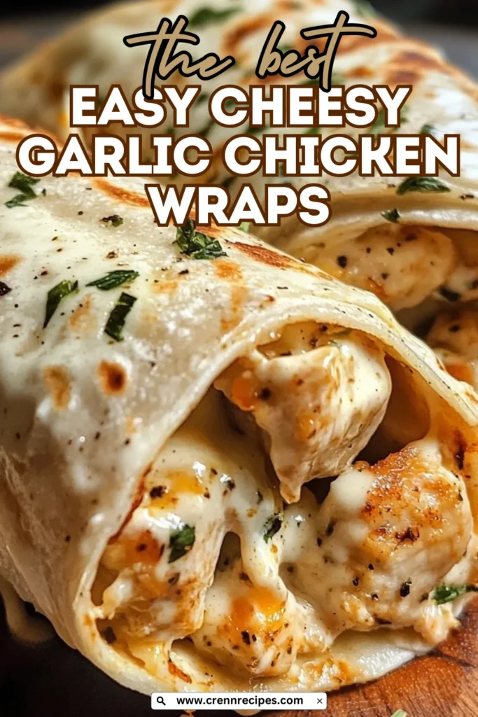 Featured recipe image for Easy Cheesy Garlic Chicken Wraps with title overlay and website URL, showing close-up of the wrapped filling with melted cheese.
