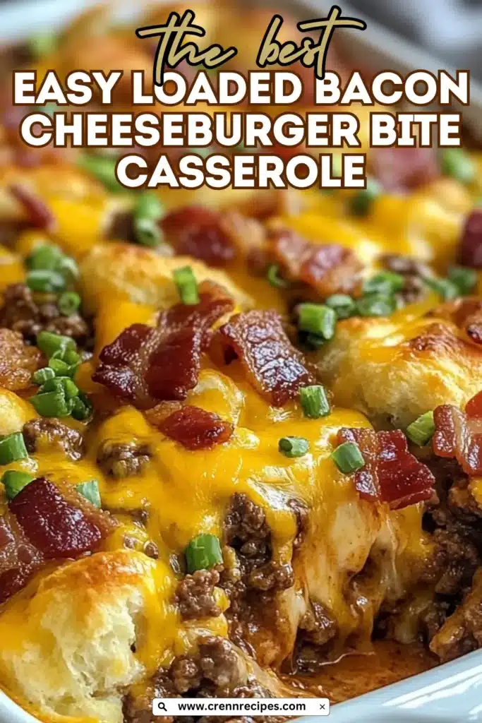 Easy Loaded Bacon Cheeseburger Bite Casserole recipe title overlay on finished casserole photo for Pinterest and social media