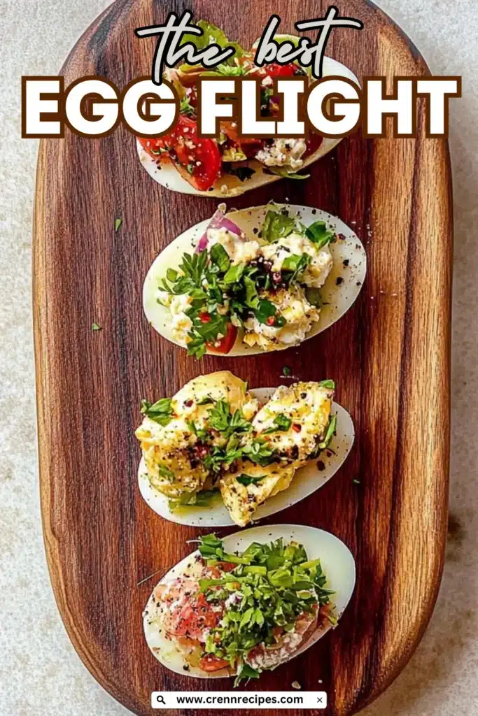 Best egg flight recipe hero image with bold typography overlay showing four egg preparations on wooden board