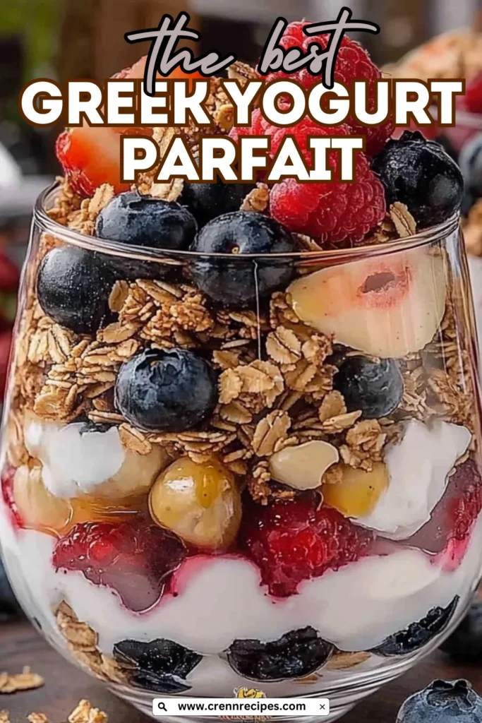 Close-up of a Greek yogurt parfait in a clear glass with text overlay reading 'the best GREEK YOGURT PARFAIT', showcasing multiple layers of yogurt, granola, and colorful berries with website URL at bottom.