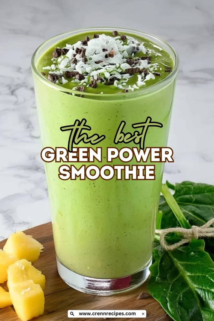 Green power smoothie with recipe title overlay, pineapple pieces and spinach leaves on wooden cutting board
