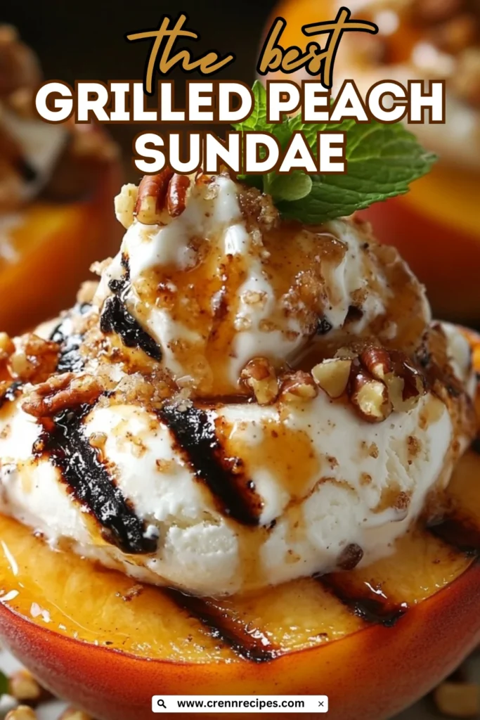 Caramelized grilled peach half topped with ice cream, pecans, honey, and fresh mint.