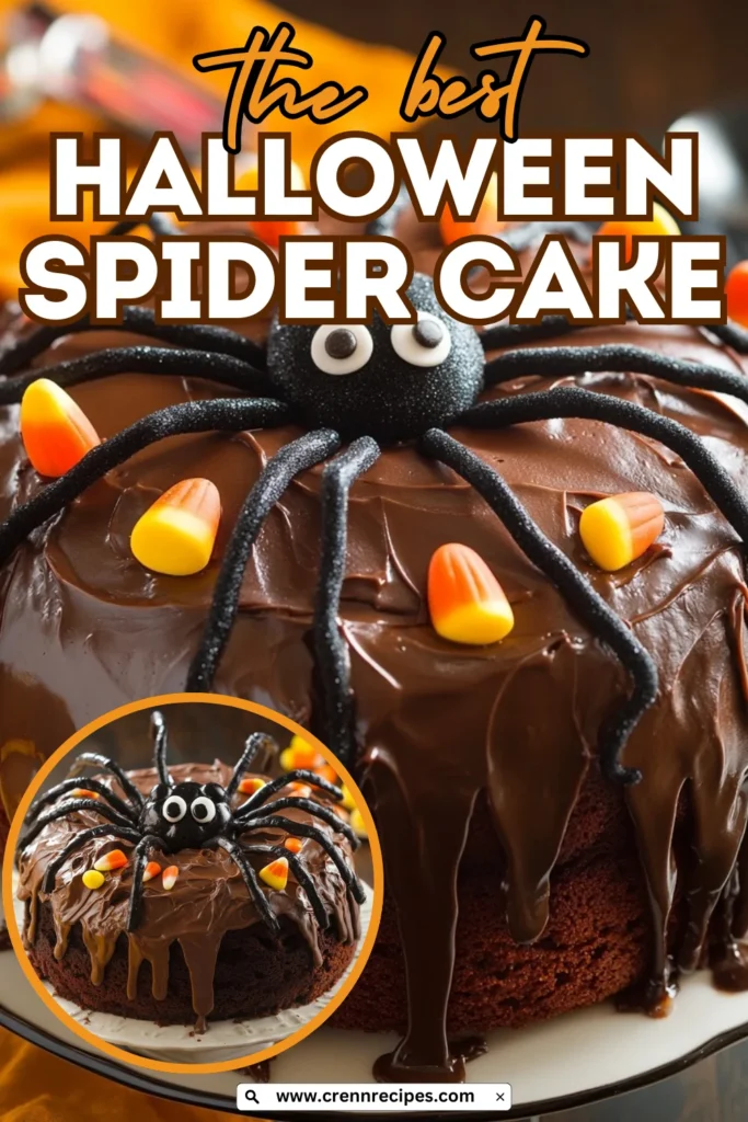 Promotional image for Halloween Spider Cake recipe with text overlay reading "the best HALLOWEEN SPIDER CAKE" showing chocolate cake with black spider decoration and candy corn accents.