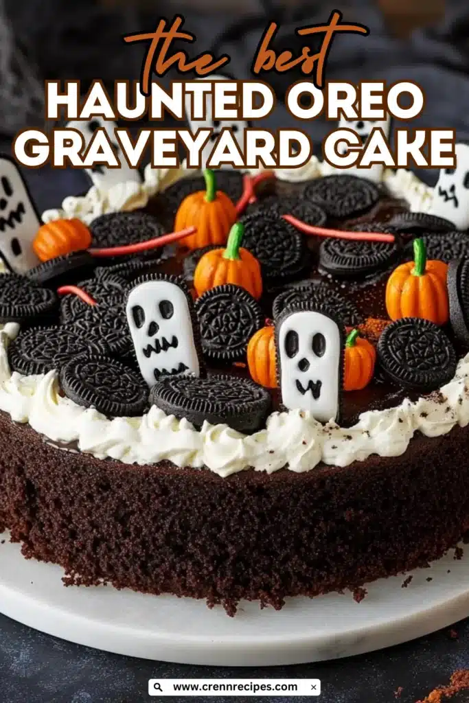 Recipe promotional image for Haunted Oreo Graveyard Cake showing chocolate cake decorated with Oreos, ghost tombstones, and candy pumpkins with orange text overlay reading "the best Haunted Oreo Graveyard Cake."