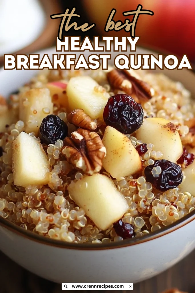 "The best HEALTHY BREAKFAST QUINOA" text overlay on a close-up image of quinoa breakfast bowl with apples, cranberries and nuts.