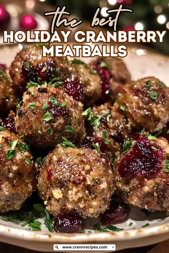 Marketing image for holiday cranberry meatballs with text overlay reading "the best HOLIDAY CRANBERRY MEATBALLS" and the website URL at the bottom.