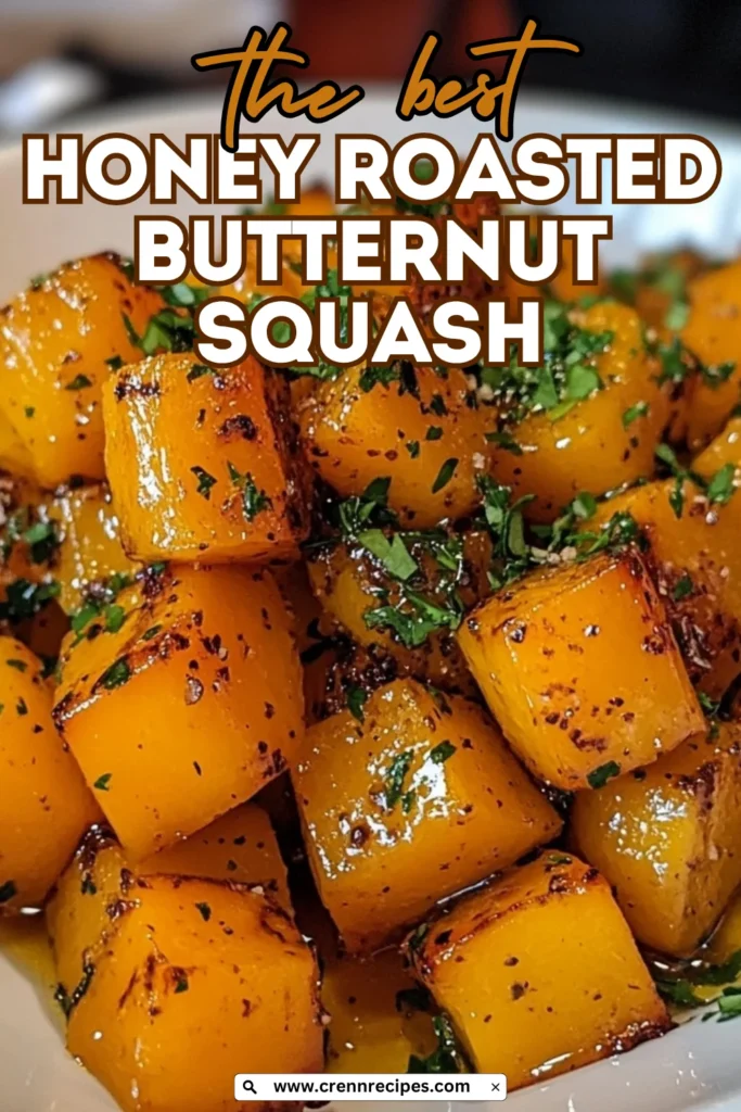 Close-up of honey roasted butternut squash with text overlay reading "the best HONEY ROASTED BUTTERNUT SQUASH" and website URL.