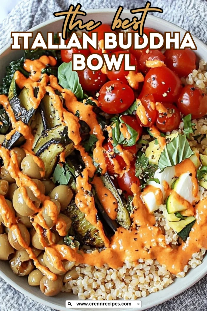Close-up of Italian Buddha Bowl with text overlay reading "the best ITALIAN BUDDHA BOWL" featuring Mediterranean ingredients