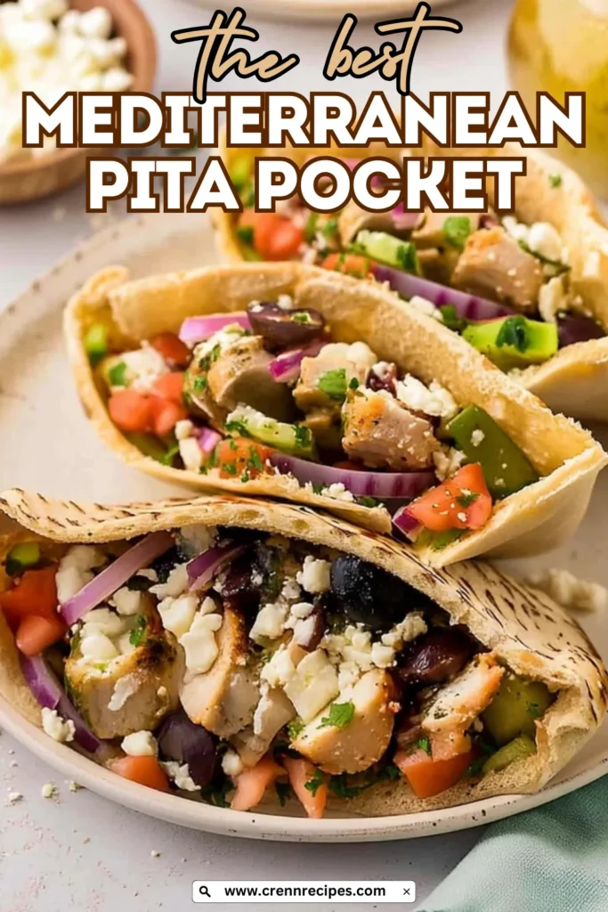 Pinterest-style graphic featuring Mediterranean pita pocket recipe with bold text overlay and website branding