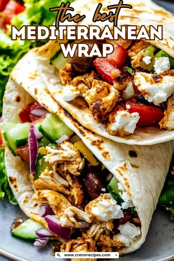 Featured Mediterranean wrap recipe image with text overlay showing the best Mediterranean wrap with chicken and vegetables