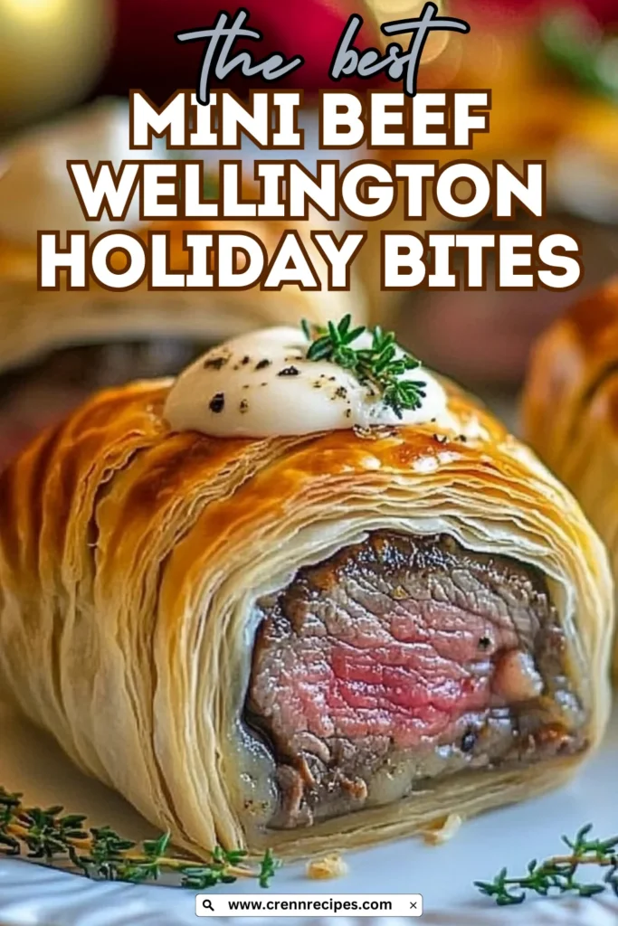 Mini beef wellington holiday bites recipe title overlay on cross-section image showing beef tenderloin and mushroom filling in puff pastry