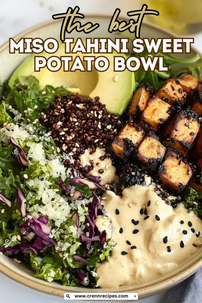 Close-up of miso tahini sweet potato bowl with text overlay reading "the best MISO TAHINI SWEET POTATO BOWL" and website URL at the bottom