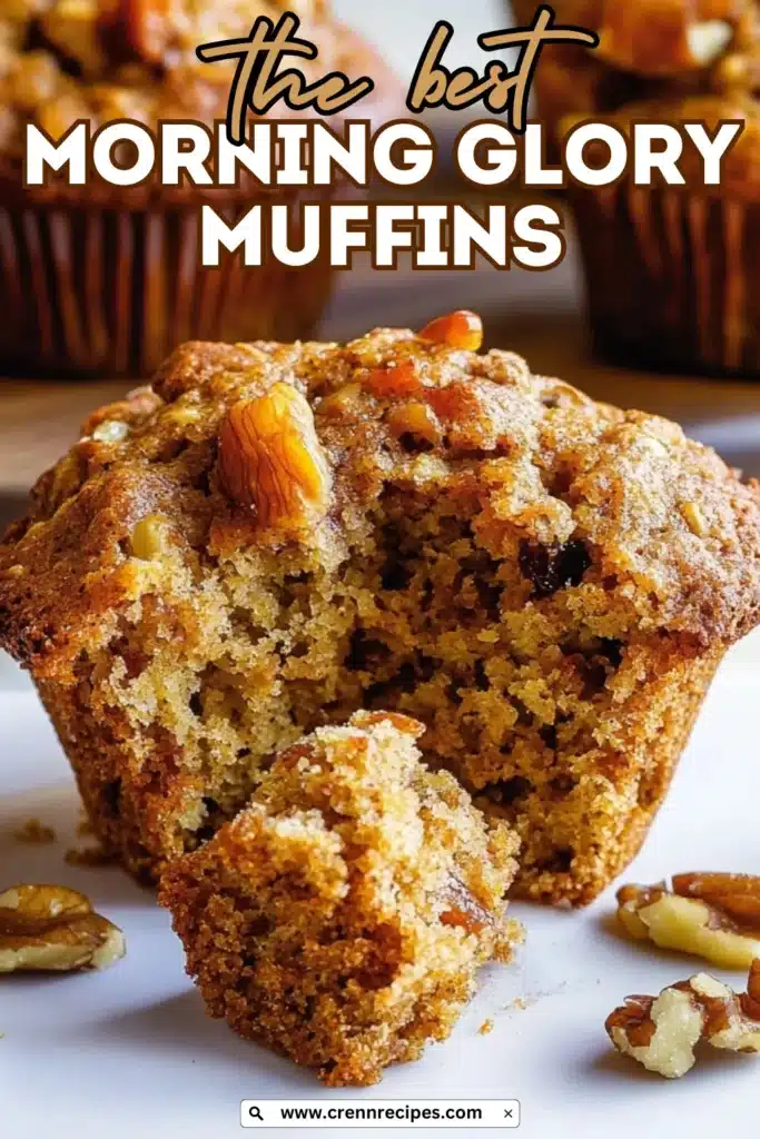 Pinterest-style promotional image of a Morning Glory Muffin with text overlay saying "the best MORNING GLORY MUFFINS" and website URL