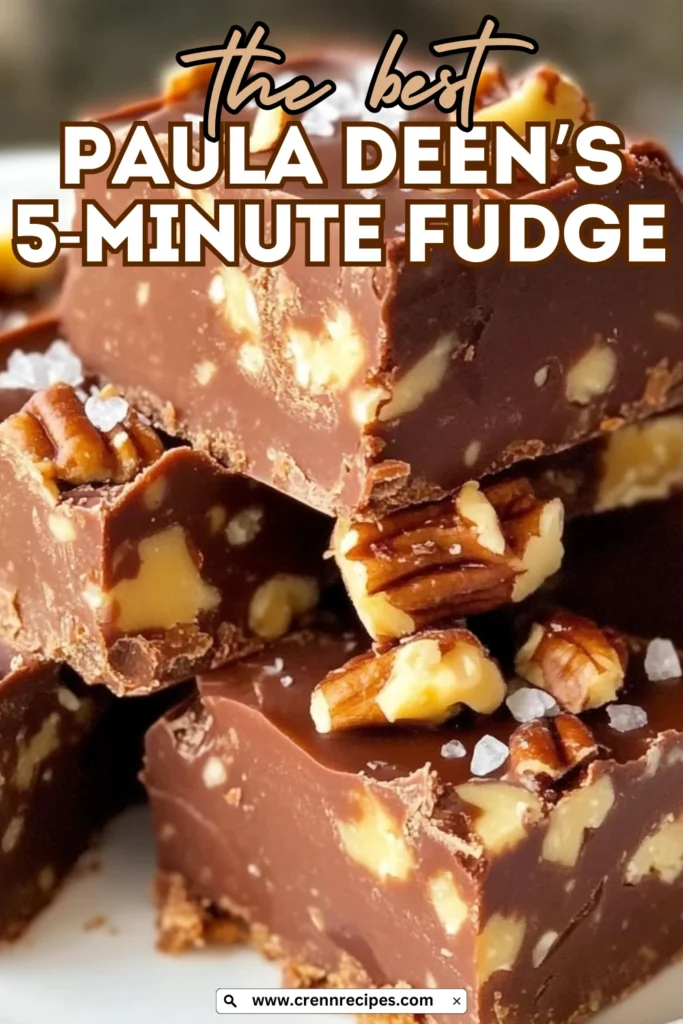 Social media-style image featuring stacked chocolate pecan fudge with text overlay reading "the best PAULA DEEN'S 5-MINUTE FUDGE" and website URL.