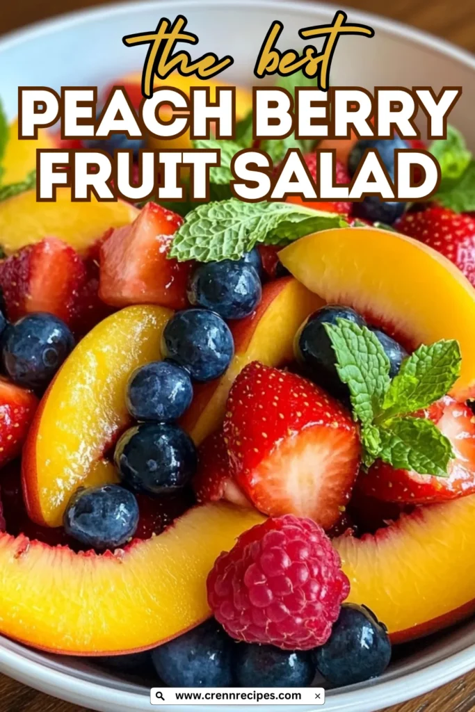Pinterest-style graphic with "The Best Peach Berry Fruit Salad" text overlaid on a close-up image of the prepared fruit salad.