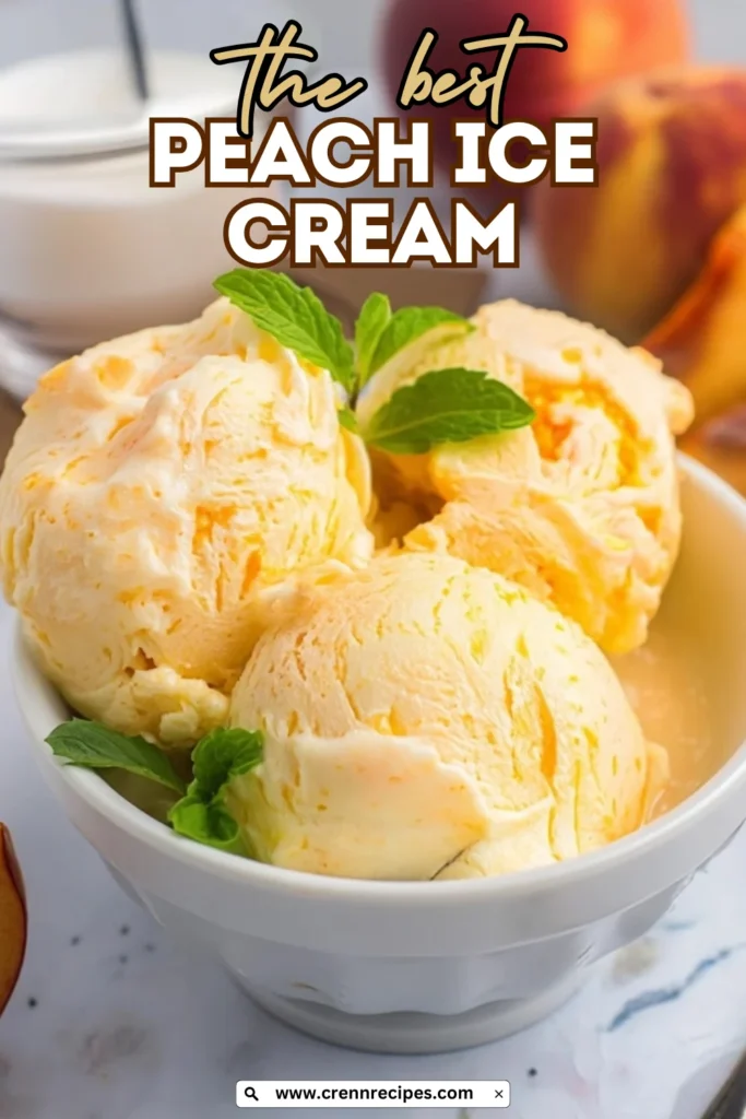 The best peach ice cream recipe featuring creamy scoops with fresh mint in white bowl