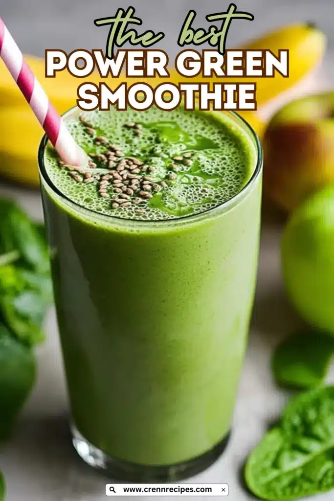 Power green smoothie recipe featured image with bold text overlay showing finished smoothie with chia seeds and fresh ingredients