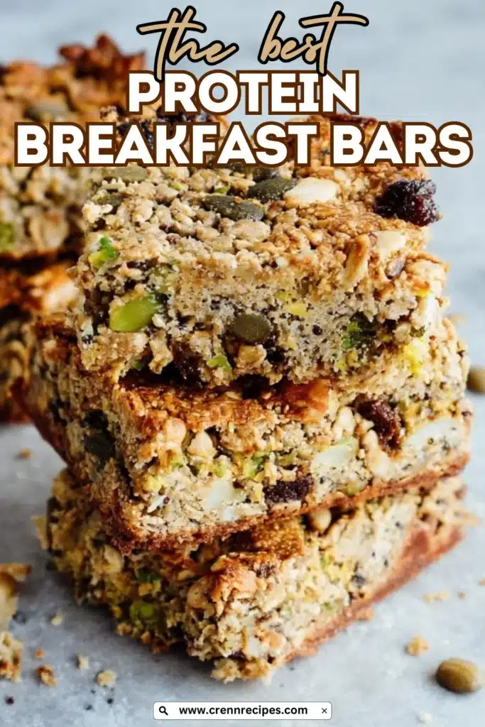 Pinterest-style graphic of protein breakfast bars with title text overlay for recipe promotion